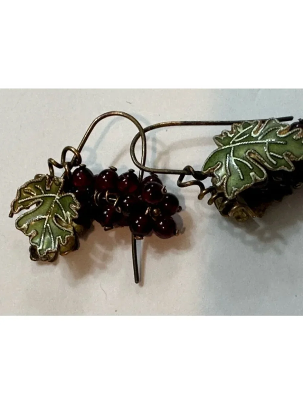 Bohemian Garnet Bead Grape Cluster Guilloche Enamel Brass Leaf Earrings
